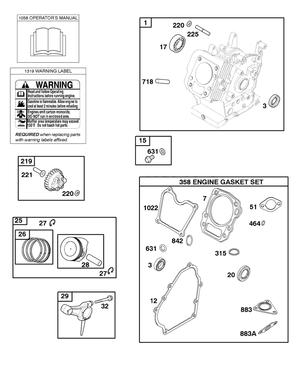 Cylinder, Gasket Set-Engine, Operator's Manual, Piston, Rings, Connecting Rod, Warning Label Diagram and Parts List for 86432-0136-E1  Briggs and Stratton Engine